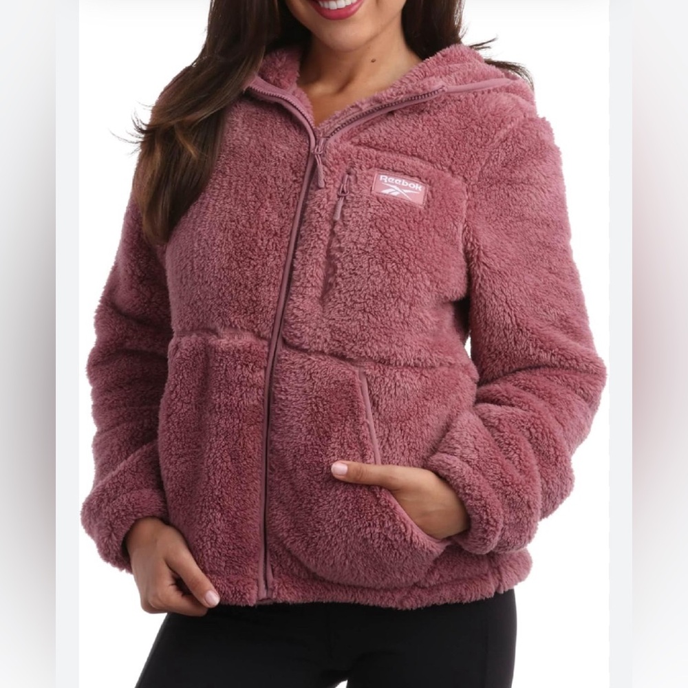 Reebok Women's Pink Fleece Logo Hoodie Zip Jacket Sz Large Cozy Fuzzy Coat